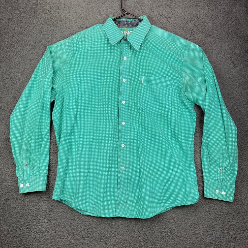 Cinch Modern Fit Mens Large Teal Green Geometric Print Long Sleeve Button Shirt